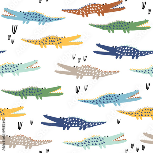 Seamless pattern with cute cartoon colorful crocodiles.Childish jungle vector texture.