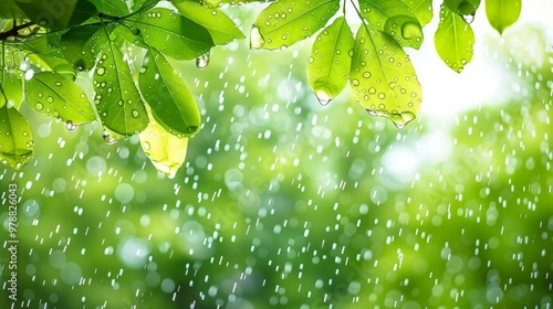 Fresh green leaves with water droplets, sunlit bokeh background.