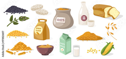 Cereal grains. Cartoon cereal flour rice wheat barley corn rye oats, organic food for breakfast, agriculture and farming concept. Vector set.eps