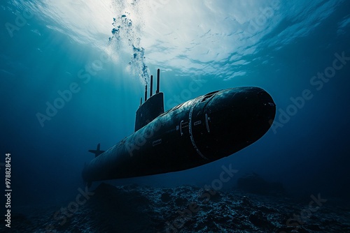 A striking underwater view of a submarine navigating the deep ocean, showcasing the serene beauty and mystery of the aquatic world.