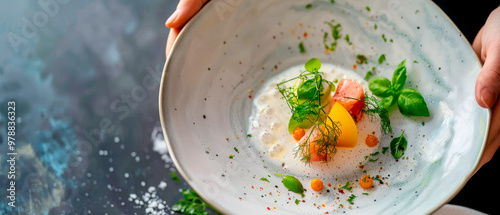 Person holding and serving white bowl with exquisite variety of food