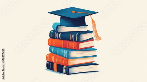 An illustrated stack of graduation books, topped with a cap, symbolizing the culmination of years of study and learning.