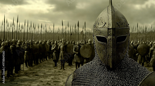 Cinematic front-view photograph of a medieval knight in a chainmail helmet, facing the camera with a determined expression. Behind him, an army of soldiers stands ready for battle on the field, creati