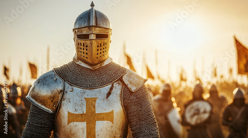 Cinematic front-view photograph of a medieval knight in a chainmail helmet, facing the camera with a determined expression. Behind him, an army of soldiers stands ready for battle on the field, creati