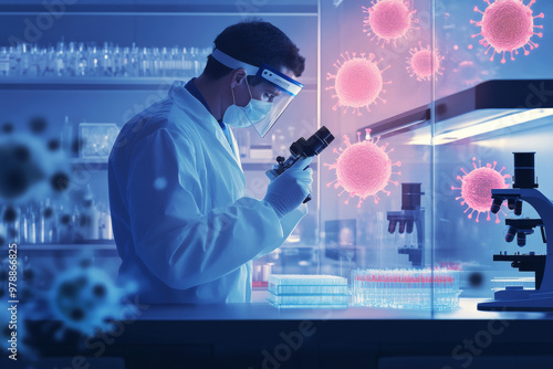 A virologist in protective gear carefully labels test tubes containing red samples while conducting research in a sterile environment focused on infectious diseases.