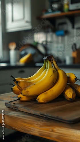 A bunch of ripe yellow bananas on a table