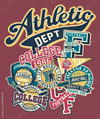 College athletic department patches patchwork vintage vector artwork for boy kid children sport wear shirt sweatshirt bomber jacket print embroidery