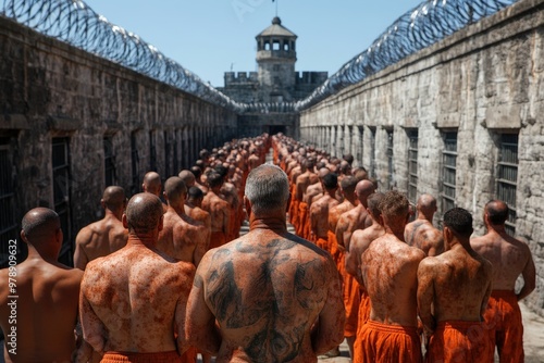 Rows of prisoners in orange uniforms walk within high prison walls topped with barbed wire, symbolizing confinement, discipline, and the stark reality of prison life.