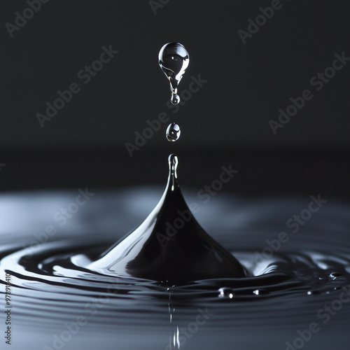 A black liquid drop captured mid-fall, creating an elegant splash on the surface, with precise reflections of light on the glossy liquid