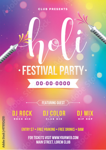 Holi festival party template or invitation card with time, date and venue details.