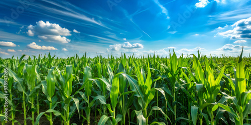 Vibrant green corn field under a clear blue sky, agriculture, growth, farm, rural, landscape, summer, nature, crop