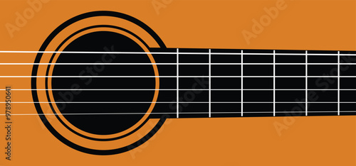 guitaGuitar body, acoustic music. Acoustic guitar, six strings. World music day. Sound hole of acoustic string. Guitar terms - headstock, body, neck, bridge, fretboardr acoustic sign. World music day.