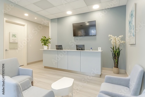 Minimalist Waiting Area with White Desk and Orchids