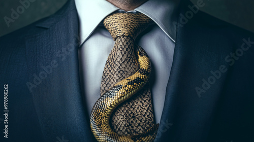 Cunning businessman with snake tie representing deceit, Snake wrapped around tie symbolizing sly and devious nature, Refined and egocentric businessman with snake imagery