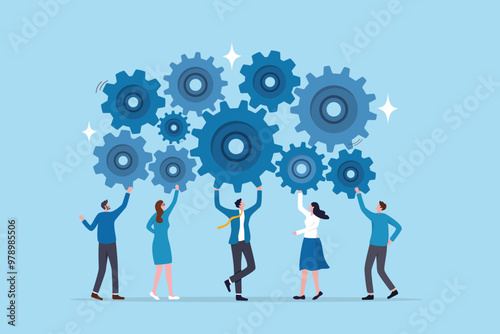 Employee engagement, teamwork collaboration or team strategy working together, partnership, community to help organization success concept, businessman colleagues help connect cogwheel gear together.