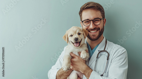 A veterinarian happily holding a puppy in their arms, isolated on a simple background