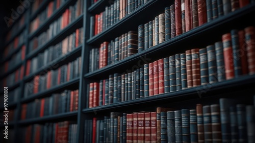 A haunted library filled with ancient, cursed books, with a vampire librarian hiding among the shadows of dusty shelves