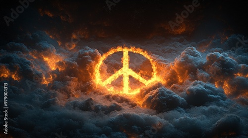 A fiery peace symbol emerges from dark, swirling clouds, symbolizing hope and unity.