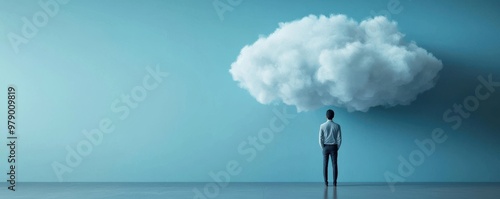 A person standing contemplatively under a large cloud on a blue background, symbolizing imagination and creativity.