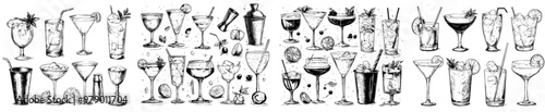 A set of sketches illustrating modern hand-drawn cocktails with alcohol drinks