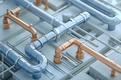 Complex industrial piping layout with various materials