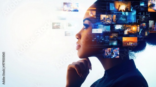 A conceptual photograph of an African American woman in profile, with multiple floating images representing digital marketing and social media touchstones like video streaming or I