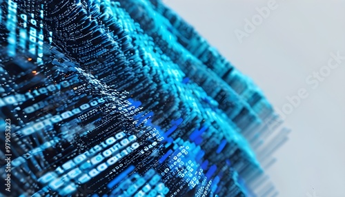 abstract blue binary code on a crisp white backdrop with intricate perpendicular text elements