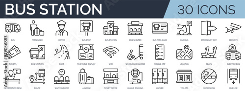 Set of 30 outline icons related to bus station. Linear icon collection. Editable stroke. Vector illustration