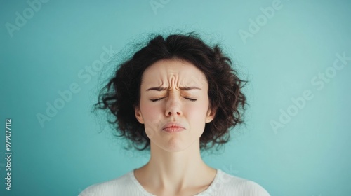 Closeup Portrait of Frustrated Young Woman Shaking Her Head with Eyes Closed Struggling with Internal Emotional Turmoil and Trying to Regain Composure