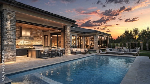 There's a tranquil luxury resort with travertine pavers surrounding a sparkling pool, plush poolside cabanas with plush seating, and a modern outdoor kitchen with a stone grill.