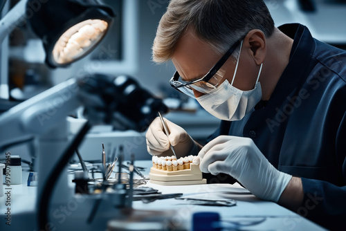 A dental technician in protective gear, including gloves, mask, and goggles, meticulously works on a dental model in a lab setting equipped with various dental tools and equipment.