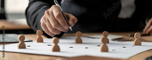 A business professional strategizing with wooden figures on a paper. Planning and decision-making in a corporate environment.