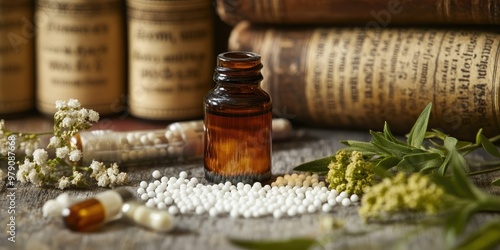 A comparative scene showing homeopathy alongside conventional medicine, highlighting their different approaches to treatment and patient care in a balanced, informative m