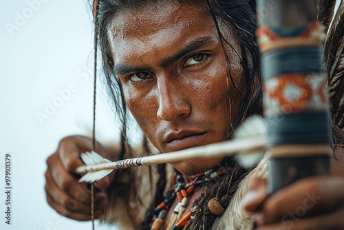 Native American warrior aiming a bow and arrow