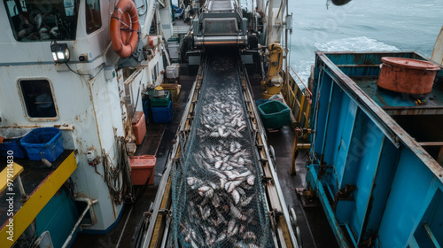  A conveyor belt on a fishing trawler carries a large catch of fish, symbolizing the maritime fishing industry and seafood harvesting at sea. 