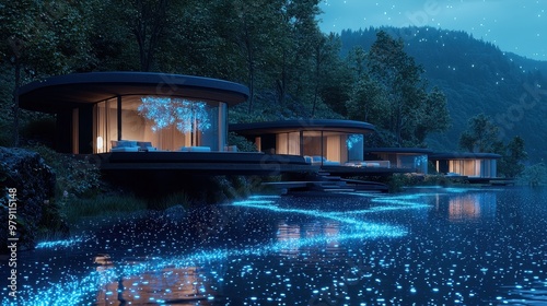 Modern Luxury Cabins with Bioluminescent Water at Night