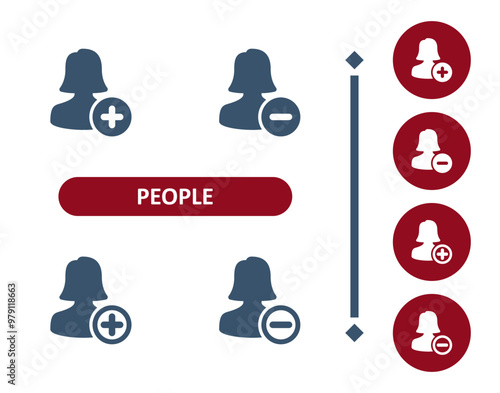 People Icons. Woman, User, Avatar, Button, Add, Plus, Minus, Subtract Icon