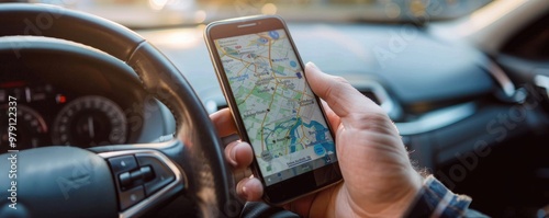 A person navigates using a smartphone displaying a map while sitting in a car, the sunlight indicating sunset or early evening, capturing the essence of modern technology in travel