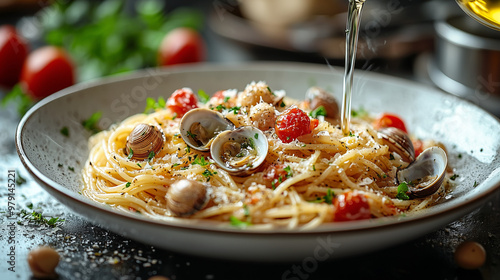 Spaghetti alle vongole served in a minimalist white bowl