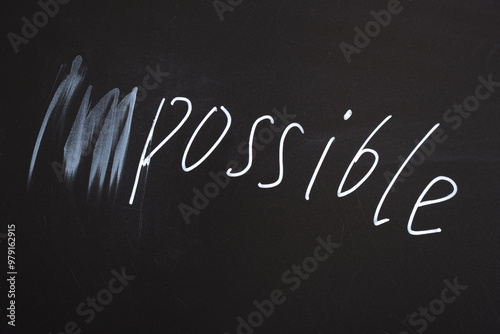 on a black chalk board the inscription impossible with the prefix erased, motivation for success, away with doubts