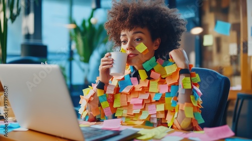 Startup CEO Juggling Tasks in Post-it Note Suit