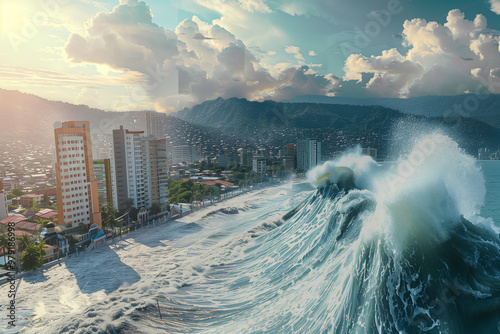 Tsunami hitting a coastal city showing nature’s destructive force and raising awareness of environmental and climate dangers