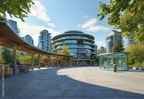 Sketch of panoramic design on the square with 3-storey round buildings, open pedestrian path between the central building and a separate building