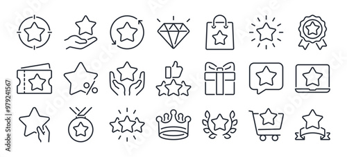 Bonus, benefit, offer and reward editable stroke outline icons set isolated on white background flat vector illustration. Pixel perfect. 64 x 64.