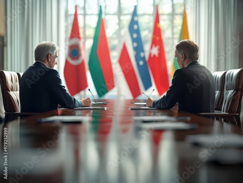 Illustrate a panoramic perspective of two diplomats engaged in a high-stakes negotiation