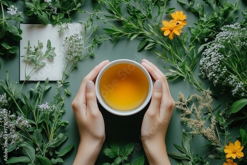 Hands holding a cup of herbal tea with fresh plants and flowers