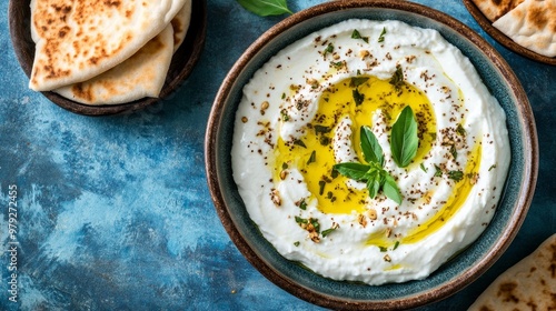 Labneh yogurt cream cheese with olive oil, herbs and zaatar on blue, copy space. Traditional arabian or middle eastern homemade labneh dip with pita bread for breakfast. Arabic Cuisine