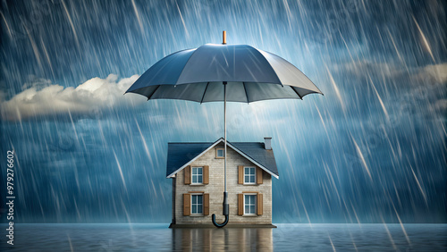 House covered with umbrella for protection from rain and storm, home insurance, protection, coverage, shelter, safety