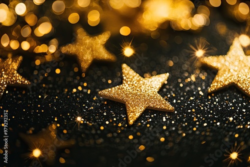 Golden glitter stars on black background. Perfect for celebratory or festive occasions.