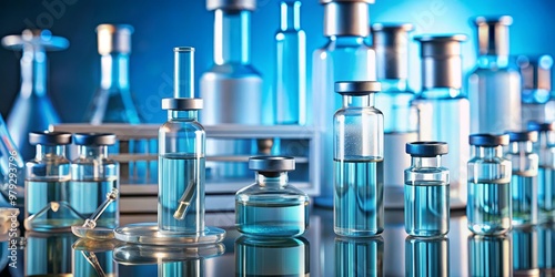 Vaccine diluent ampules standing upright on a medical laboratory countertop surrounded by scattered petri dishes, beakers, and microscopes